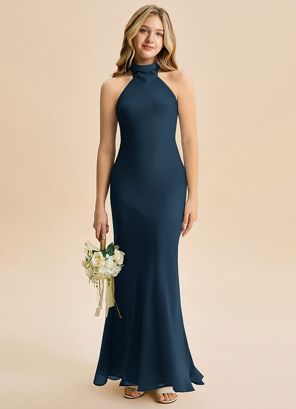 Azazie Velli Junior Dark Navy Mermaid High Neck Chiffon Dress image1