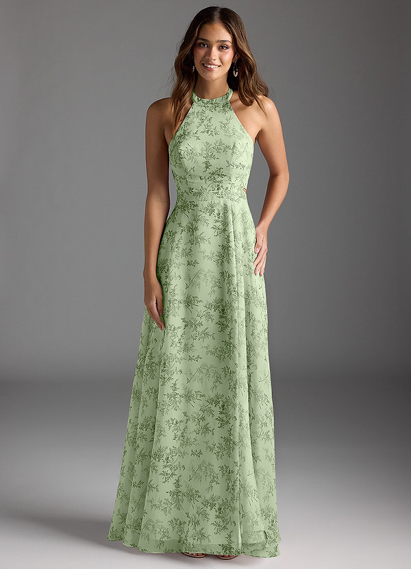 Azazie Clarice Bridesmaid Dresses Green Fern Floral Flowy Halter Chiffon Dress image1