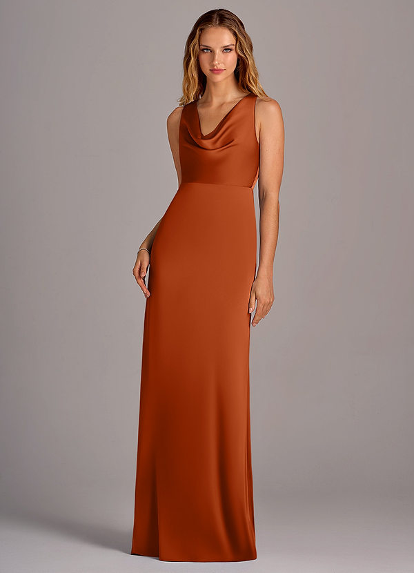 Azazie Wrenlee Bridesmaid Dresses Burnt Orange A-Line Stretch Satin Dress image1