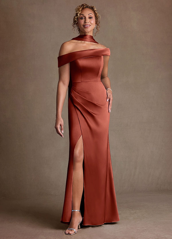 Azazie Kamala 신부의 어머니 드레스 쉬스 한쪽 어깨 스트레치 새틴 플로어 길이 드레스 image1