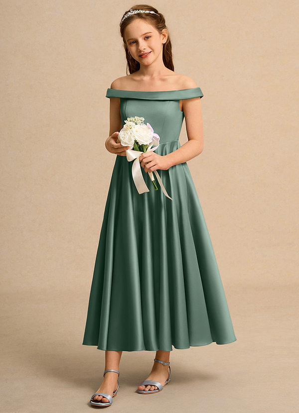 Azazie Teeny Junior Formal Vestidos de Niña de Flores Vestido de Eucalipto de Satin Mate de Corte En A con Plisado image1