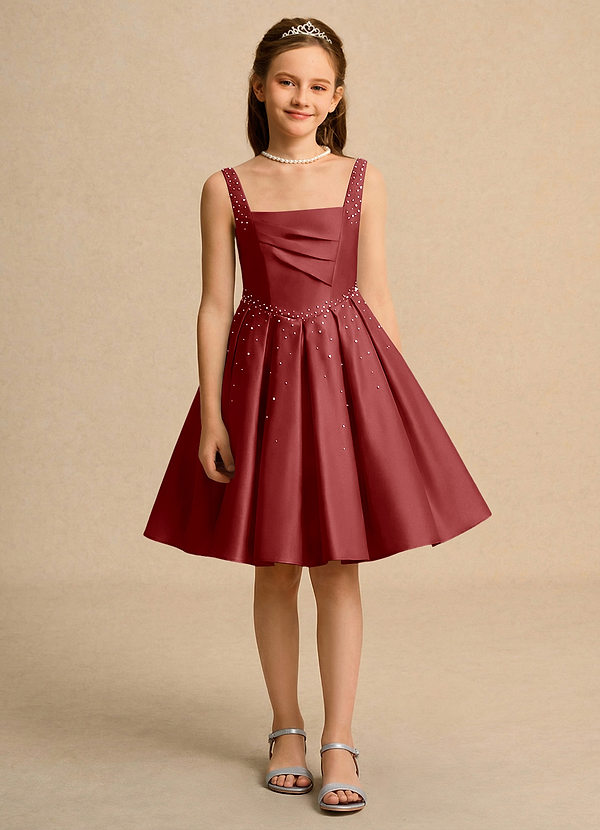 Azazie Jello Girls Formal Bloemenmeisjes Jurken Baljurk Jurk van Mat Satijn Geplooid Roest image1