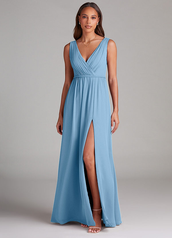 Azazie Tanicia Brautjungfernkleider A-Linie Plissee Chiffon Kleid Stahlblau image1