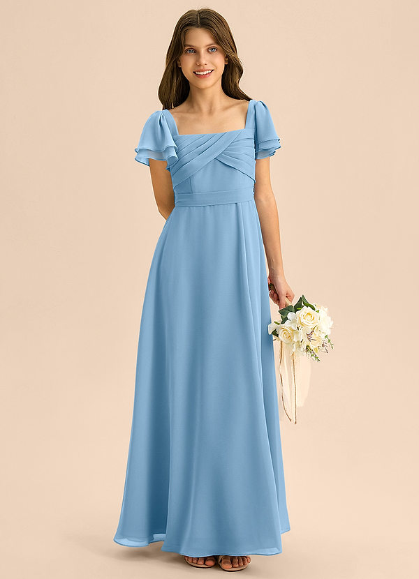 Azazie Azey Junior Steel Blue A-Line Ruched Chiffon Dress image1