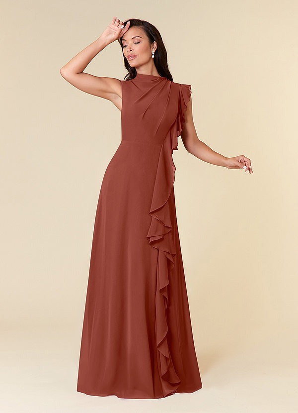 Azazie Narine Mother of the Bride Dresses Auburn A-Line High Neckline Pleated Chiffon Dress image1