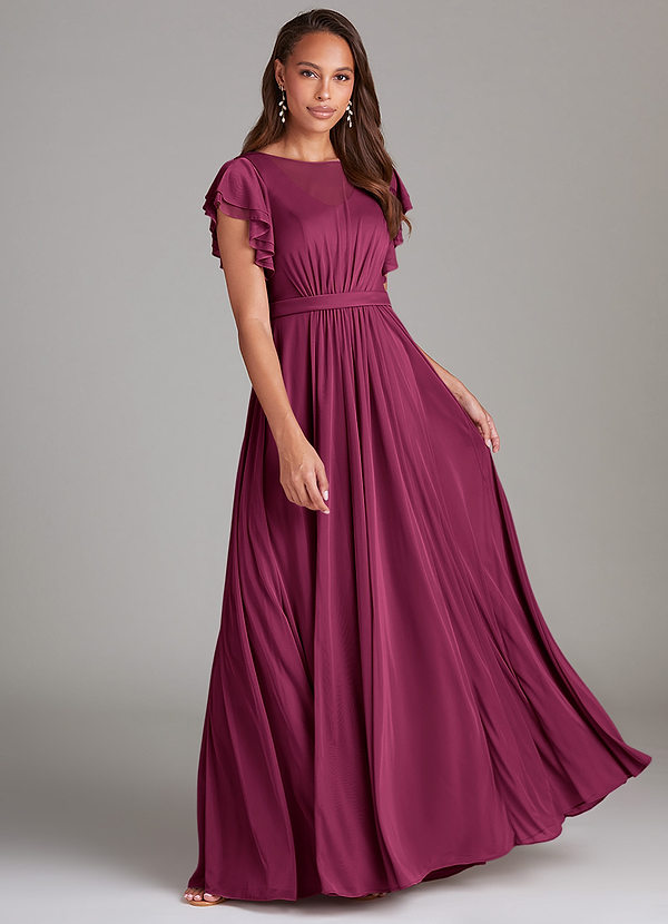 Azazie Daphne Modest Bridesmaid Dresses A-Line Ruched Mesh Floor-Length Dress image1