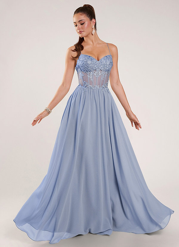 Thalyago Blu Polveroso Abito da ballo in chiffon satinato con perline e pizzo. image1