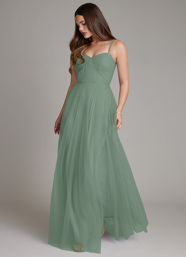 Azazie Teagan Robes Demoiselle d'honneur Robe Trapèze en Tulle Encolure en Forme de Cœur Sauge D'argent image1