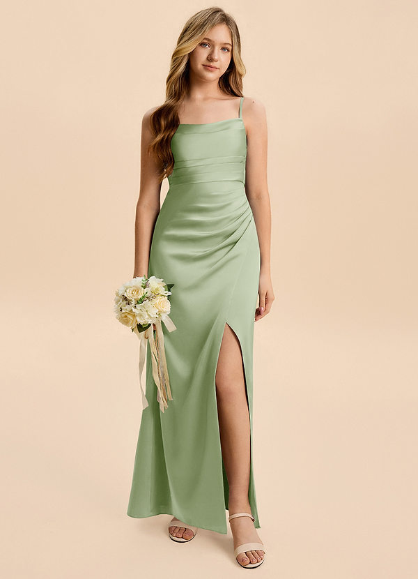 Azazie Minnie Junior Dusty Sage Sheath Ruched Stretch Satin Dress image1