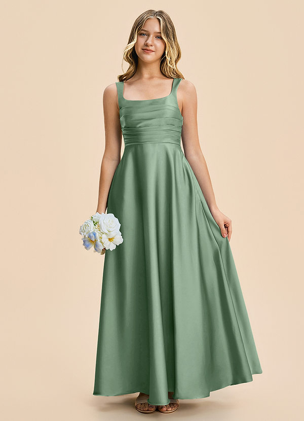Azazie Azaria Junior A-Linie Plissee Stretch-Satin Kleid Matcha image1