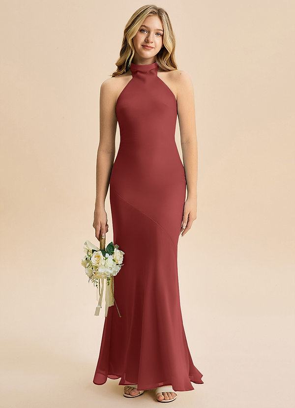 Azazie Velli Junior Vestido Terracota de Gasa de Corte Sirena con Cuello alto image1