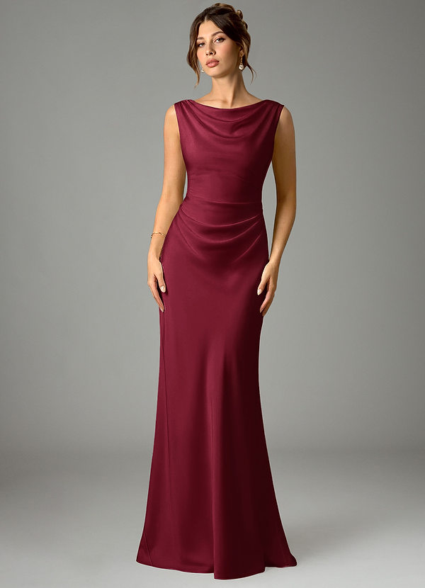 Azazie Kieryn Bridesmaid Dresses Burgundy Mermaid Pleated Stretch Satin Dress image1