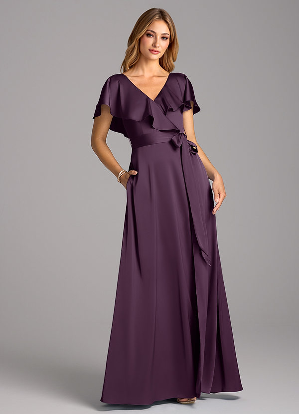 Azazie Lainey Bridesmaid Dresses Plum A-Line with Pockets Stretch Satin Dress image1