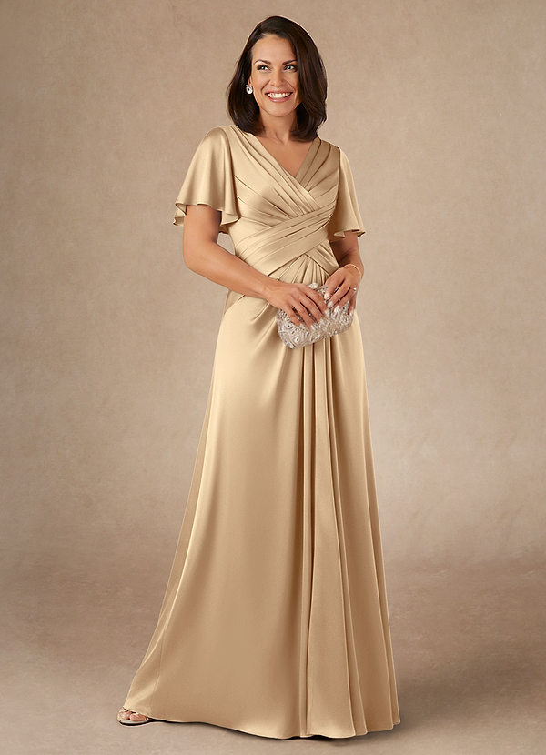 Azazie Emmeline Mother of the Brides Dresses Champagne A-Line Pleated Stretch Satin Dress image1