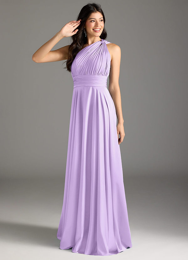 Azazie Charlize Bridesmaid Dresses Lilac A-Line One Shoulder Stretch Satin Dress image1