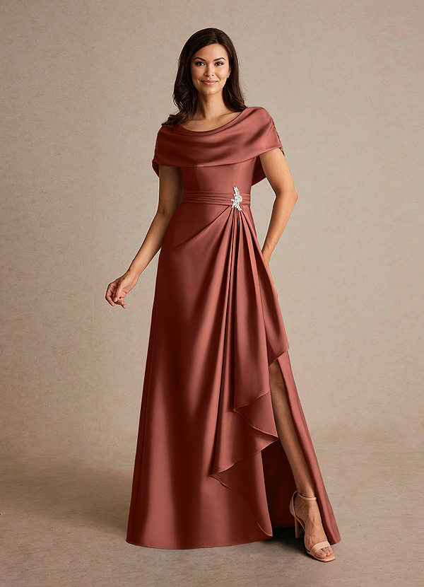 Azazie Branford Brautmutterkleider A-Linie Plissee Stretch-Satin Kleid Rotbraun image1