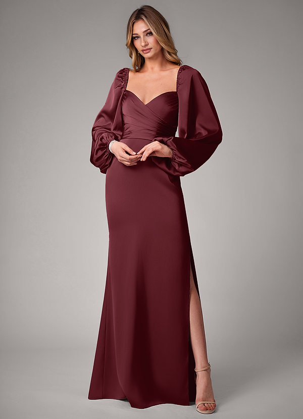 Azazie Sonata Bridesmaid Dresses Cabernet Sheath Long Sleeve Stretch Satin Convertible Dress image1