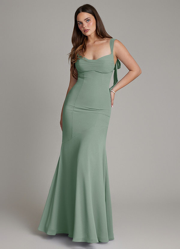 Azazie Carlotta Vestidos de dama de honor Vestido Salvia Plateada de Gasa de Corte Sirena con Escote corazón image1