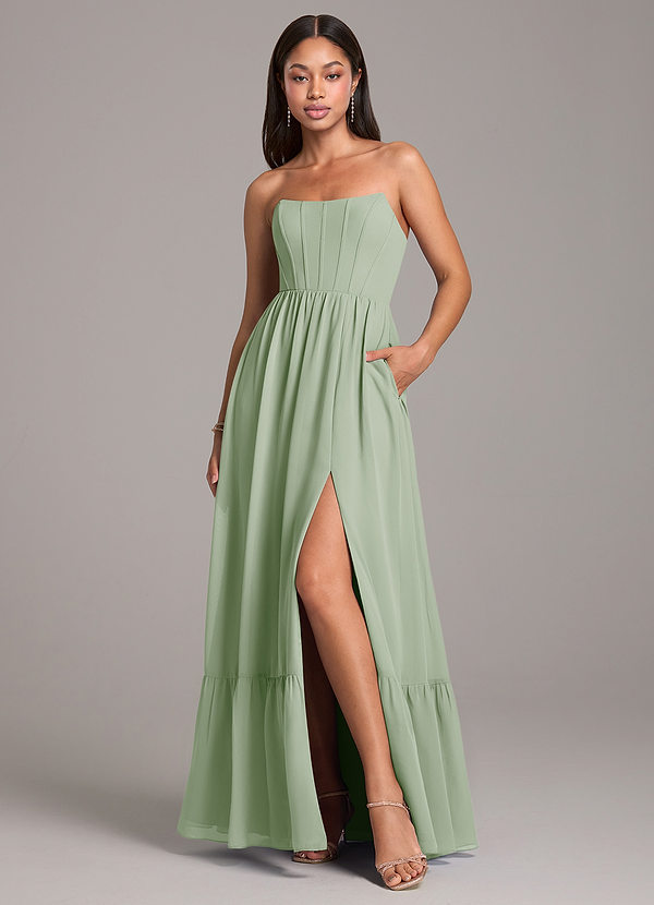 Azazie Kailee Bruidsmeisjes Jurken Jurk van Chiffon met A-Lijn met Zakken Stoffige Salie image1