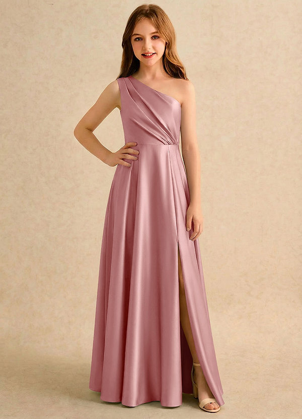 Azazie Puddles Girls Formal Flower Girl Dresses Dusty Rose A-Line One Shoulder Stretch Satin Dress image1