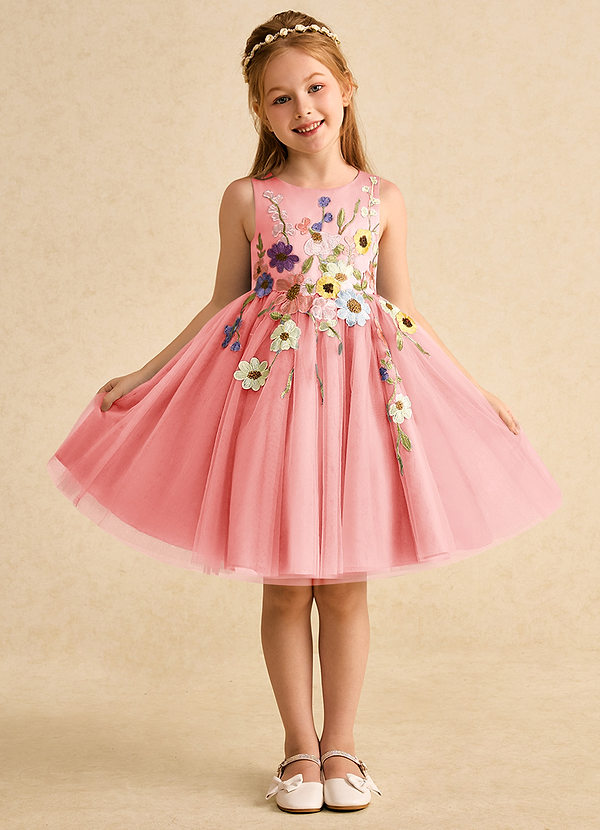 Azazie Prima Flower Girl Dresses Coral A-Line Bow Tulle Dress image1