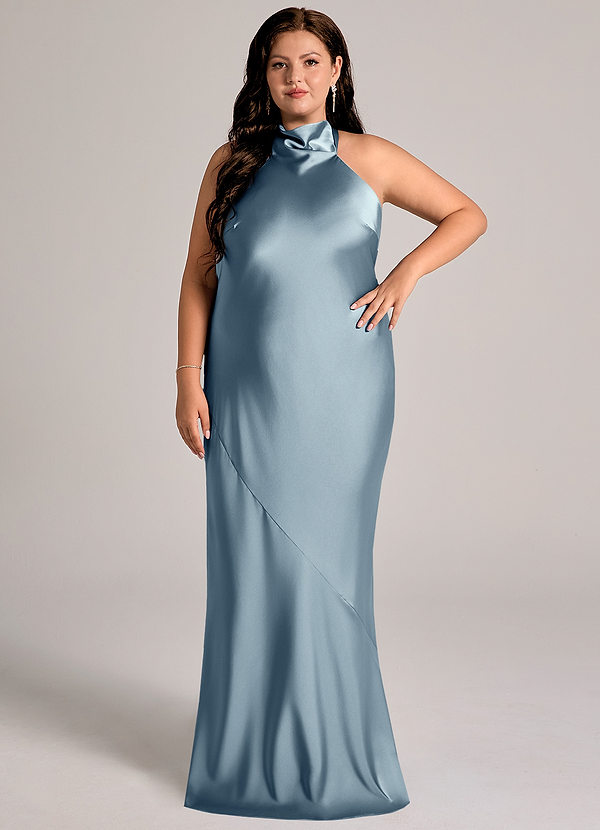 Azazie Velli Abiti da Damigella Abito Sirena in Raso Elasticizzato Collo Alto Blu Polveroso image1