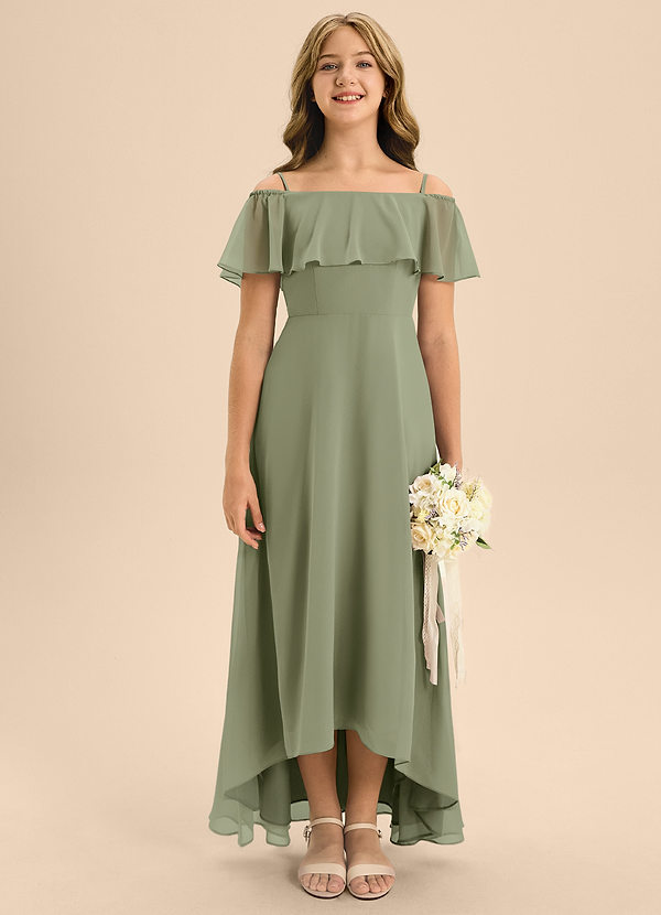 Azazie Maggie Junior Pistachio A-Line Off the Shoulder Chiffon Dress image1