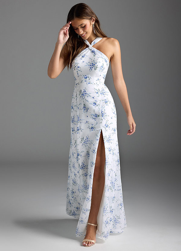 Azazie Rue Bridesmaid Dresses Blue Cottage Floral A-Line Halter Chiffon Dress image1