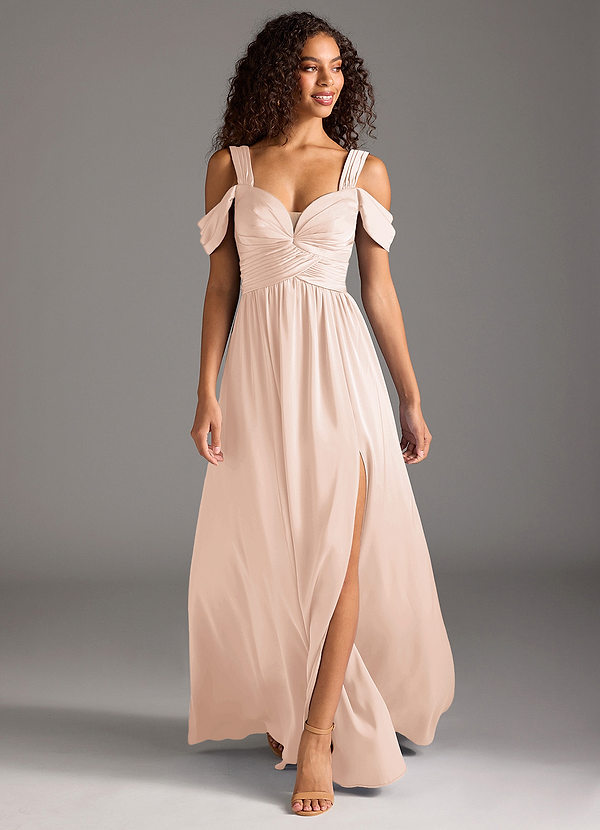 Azazie Lianne Robes Demoiselle d'honneur Robe Trapèze en Satin extensible Épaule décolletée Rose Pâle image1