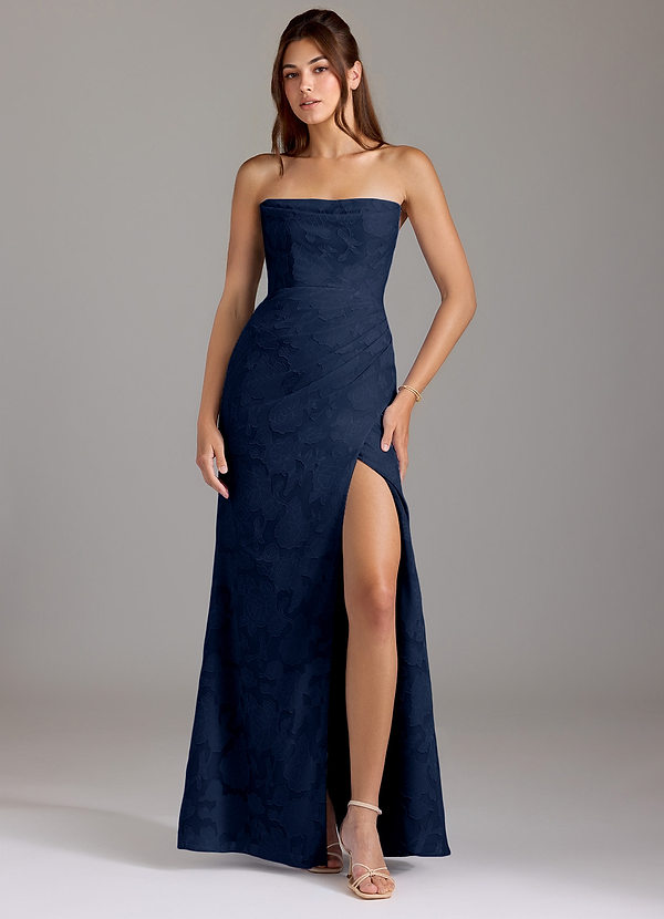 Azazie Leonis Vestidos Dama de Honor Vestido de Azul Marino Oscuro de Devorado Floral de Corte Recto Convertible con Sin tirantes image1