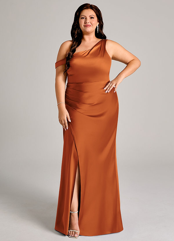 Azazie Madelyn Robes Demoiselle d'honneur Robe Sirène Convertible en Satin extensible Une épaule Cannelle image1