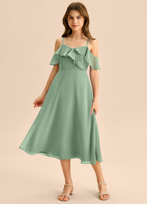 Azazie Kamilla Junior Abito A-Line in Chiffon a Spalla Scoperta Matcha image1