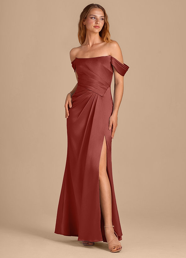 Azazie Shea Bridesmaid Dresses Terracotta Mermaid Off the Shoulder Metallic Satin Convertible Dress image1
