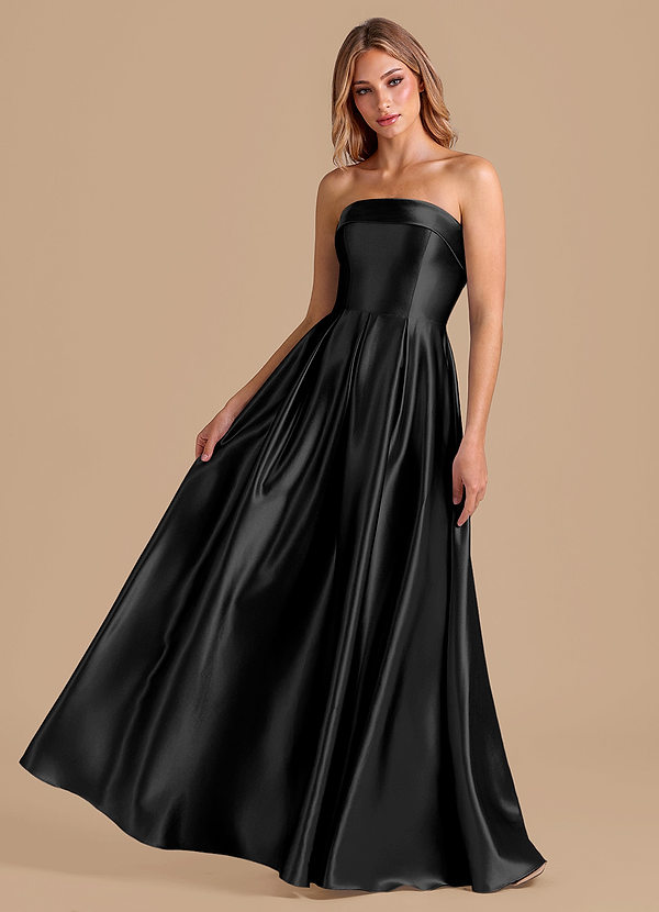 Azazie Lucienne 신부 들러리 드레스 A라인 주름진 메탈릭 새틴 바닥 길이 드레스 image1