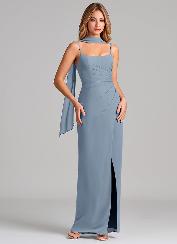 Azazie Calandra 신부 들러리 드레스 쉬스 주름진 쉬폰 바닥 길이 드레스 image1