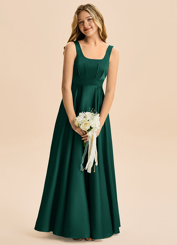 Azazie Gabby Junior Vestido de Esmeralda de Satén Elástico de Corte en A con Plisado image1