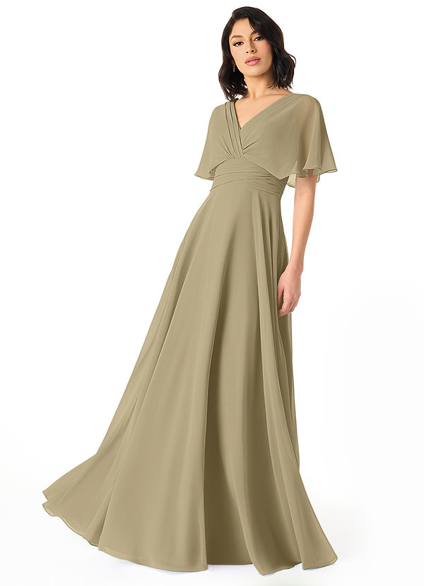 Azazie Pamela Bridesmaid Dresses Moss Green A-Line V-Neck Pleated Chiffon Dress image1