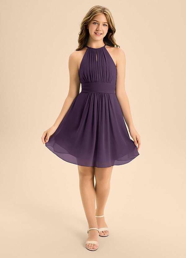 Azazie Bonnie Junior Plum A-Line Pleated Chiffon Dress image1