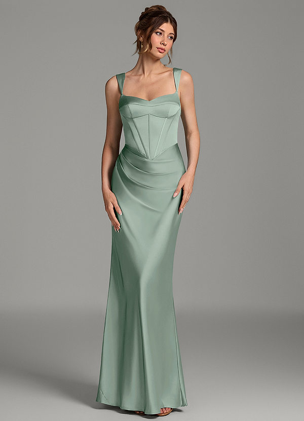Azazie Mela Robes de demoiselle d'honneur Robe Fourreau en Satin extensible Corset Agave image1