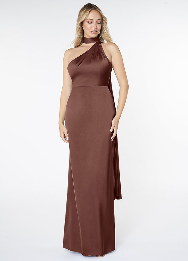 Azazie Kaylani Bridesmaid Dresses Espresso Mermaid High Neck Stretch Satin Dress image1