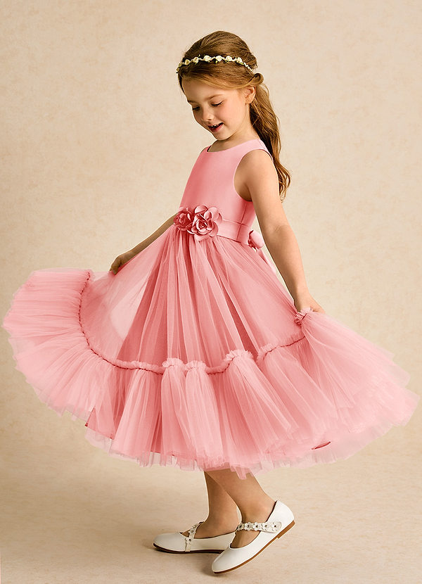Azazie Miracle Vestidos de Niña de Flores Vestido de Coral de Satin Mate de Corte En A con Lazo image1