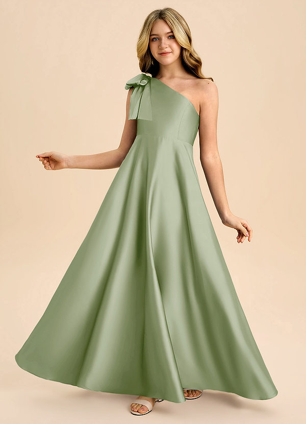 Azazie Penguin Junior Dusty Sage A-Line Bow Stretch Satin Dress image1