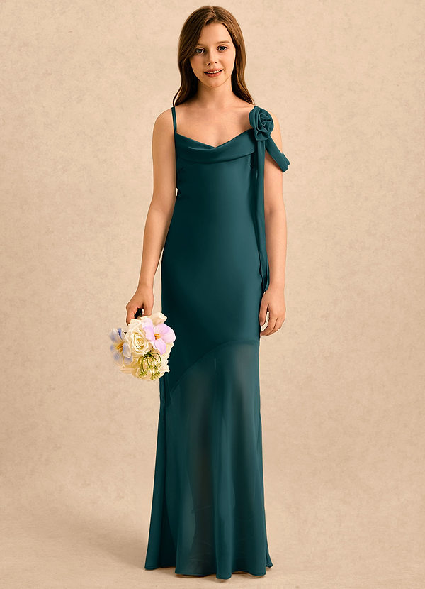 Azazie Kai Girls Formal Sukienki dla dziewczynek sypiących kwiaty Osłona Pofałdowany Satyna elastyczna Długość podłogi Sukienka image1