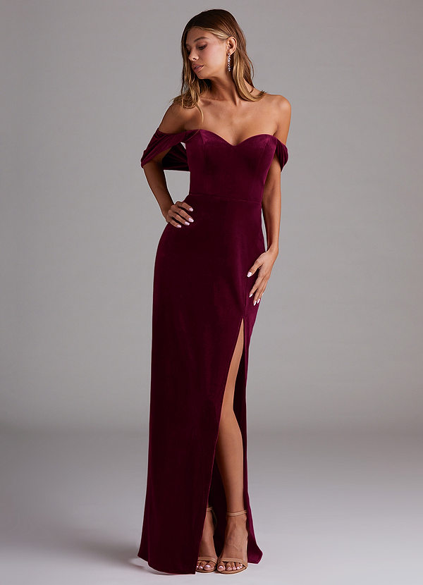 Azazie Shay Bridesmaid Dresses Cabernet Sheath Off the Shoulder Velvet Convertible Dress image1