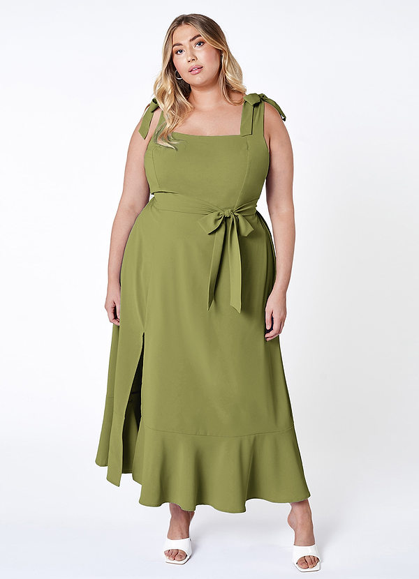 front Love Of Romance Army Green Tie-Straps Ruffled Midi Dress