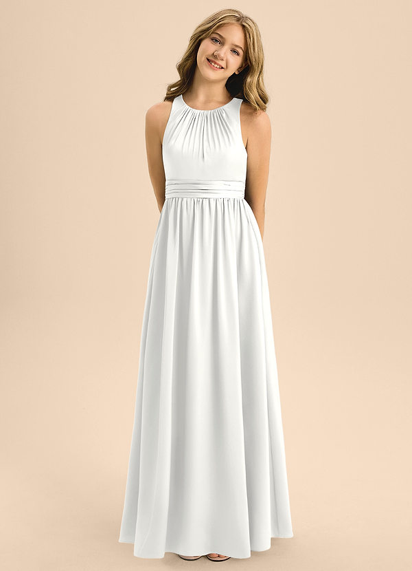 Azazie Jaylah Junior A-Linie Plissee Stretch-Satin Kleid Weiß image1