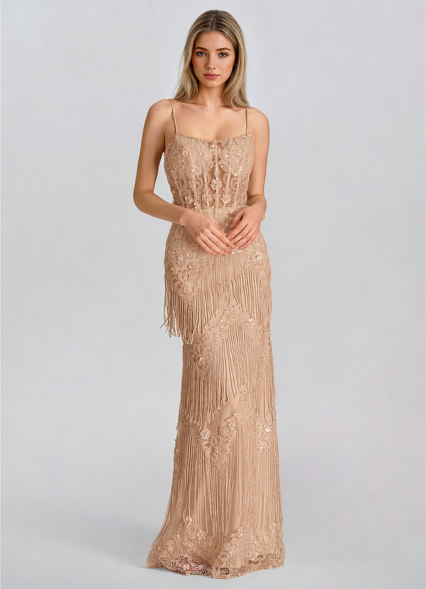 Vespera Champagne Spaghetti Strap Beaded Fringe Mermaid Maxi Dress image1