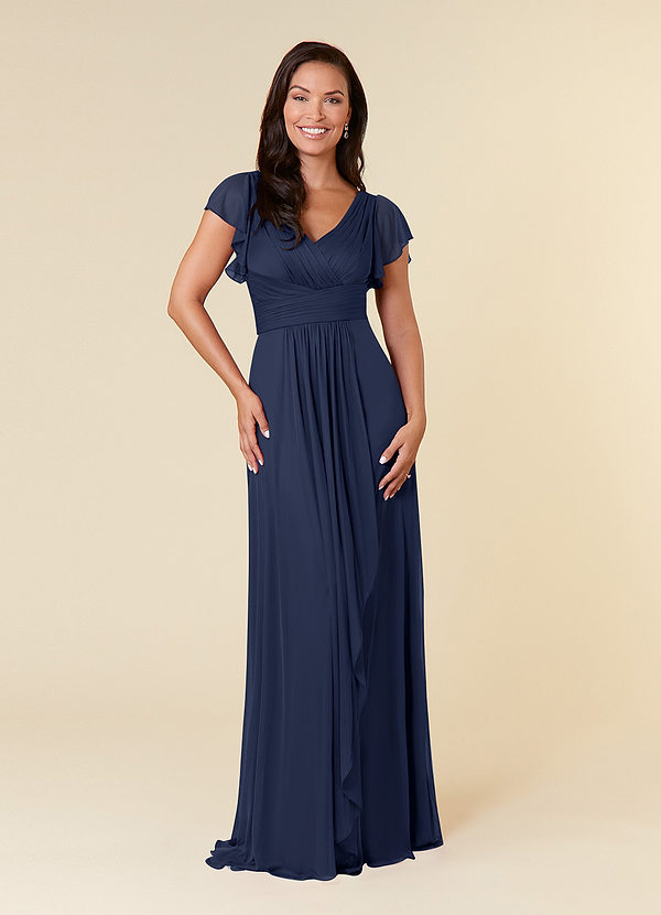 Azazie Reneya Mother of the Brides Dresses Dark Navy A-Line Pleated Mesh Dress image1