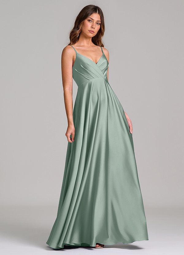 Azazie Amani Bridesmaid Dresses Agave A-Line Pleated Stretch Satin Dress image1