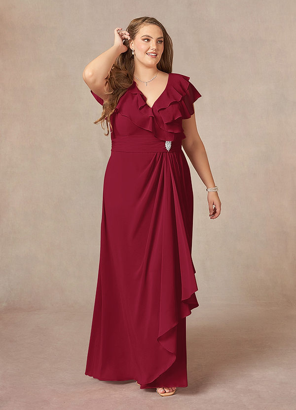 Azazie Snapdragon Brautmutterkleider A-Linie V-Hals Gerüscht Chiffon Kleid Burgunderrot image1